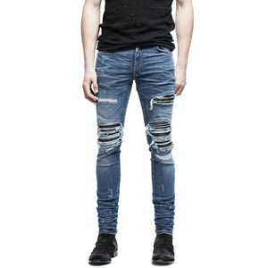 28-38 taille moyenne taille classique hommes jean décontracté lavé Frazzle Biker jean bleu mode Hip Hop Homme pantalon
