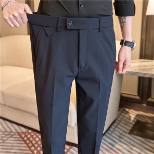 28-40 Couleur Unie Costume D'affaires Pantalon Hommes Coupe Slim Taille Élastique Décontracté Bureau Social Pantalon Mariage Marié Pantalon Printemps