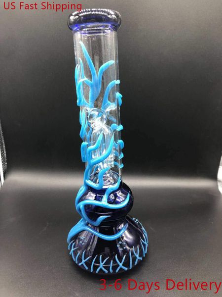 25 CM 10 pouces Premium Glow dans la couleur bleu foncé avec veine bleue narguilé tuyau d'eau Bong bongs en verre avec tige