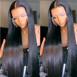 Perruque Lace Frontal Wig 360 naturelle lisse, cheveux naturels, 28 pouces, 13x4, perruque Lace transparente transparente, pour femmes noires/blanches
