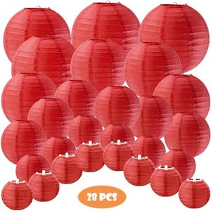 28 pièces 5 tailles lanternes décoratives en papier rouge de l'année chinoise lanterne ronde japonaise pour le décor de fête de mariage de festival de printemps 240127