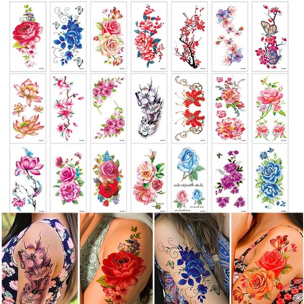 28 pièces Lot fleur papillon imperméable autocollants de tatouage temporaire femmes beauté aquarelle Lotus Rose corps bras Art Lady Tatoo 240311