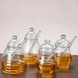 Distributeur de miel de pot de miel en verre de 280 à 500 ml avec Dipper Transparent Unique en forme de ruche d'abeille pot de miel outils de cuisine à domicile stockage des aliments 240113