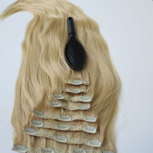 280g 20 22 inch clip in menselijke haarextensions Braziliaanse haar 613 # / bleach blonde remy straight haar weeft 8pcs / set gratis kam