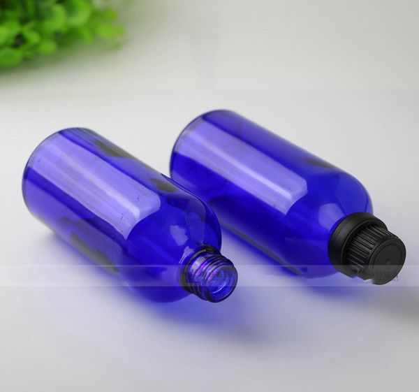 Flacons compte-gouttes vides en verre bleu E liquide avec bouchons à vis noirs pour huile essentielle, vente en gros, 280 ml, 100 pièces/lot