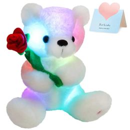 28 cm Bear blanco Juguetes LED LED Light Animales rellenos con rosa para niñas Valentín Día Regalo Colorida flor 240416