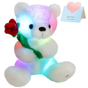 28cm ours blancs jouets en peluche LED des animaux en peluche lumineux avec rose pour les filles Gift de jour de la Saint-Valentin Fleur colorée 240416