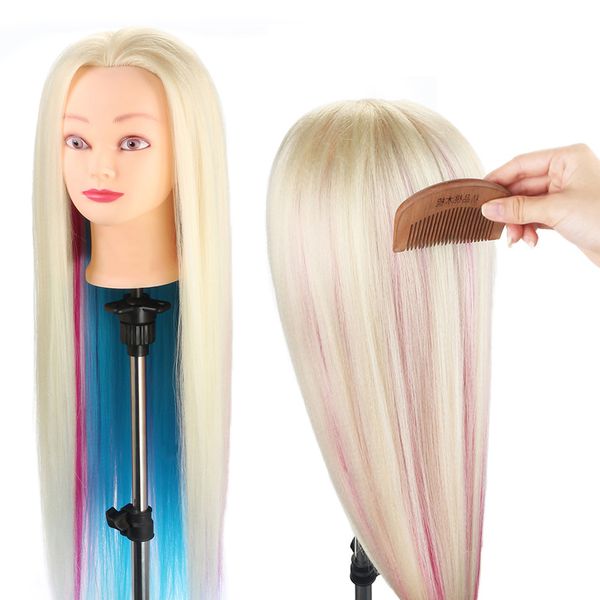 Cabeza de maniquí de 28 pulgadas con colorido práctica sintética de cabello para muñecas peinados para peluquería con accesorios de trenza