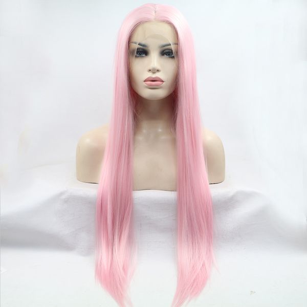 28 pulgadas largo recto parte profunda peluca rosa princesa natural brasileño encaje frente peluca sintética con pelo de bebé para mujeres blancas