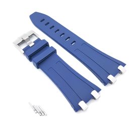Bandilla de goma azul de 28 mm 20 mm de acero plateado Hebilla de acero plateado enlaces de conector de acero AP para AP Royal Oak Offshore 42 mm Modelos