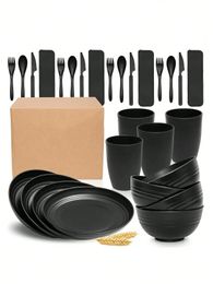 28 pièces plats en plastique noir tasses couteaux fourchettes cuillères vaisselle ensemble portable lave-vaisselle assiette pour cuisine camping 240318