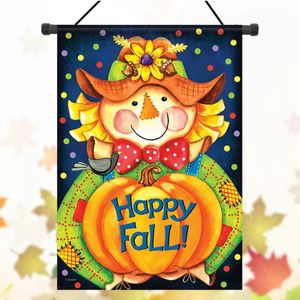 28x40 gelukkige glimlach herfst vogelverschrikker welkom huis tuin vlag yard banner decoratiesour Vrolijke vogelverschrikker, met zijn heldere glimlach kleurrijke o