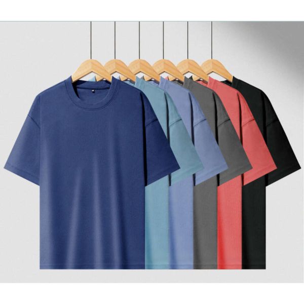 Camiseta de marca de moda de 290g con algodón elástico de doble cara para verano, camiseta en blanco de manga corta con hombros sueltos, Color sólido