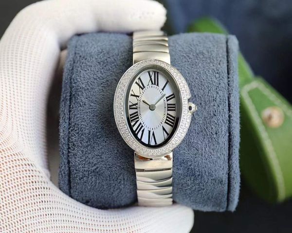 Reloj ovalado de acero inoxidable de 29mm y 24mm con números romanos, reloj de pulsera de cuarzo Baignoire para mujer, reloj de bañera con concha de nácar