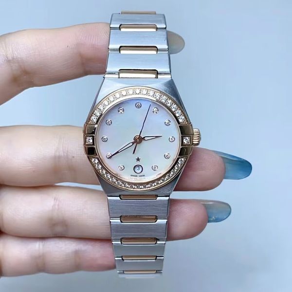 29mm marque femmes automatique mécanique étoile montre mère coquille perle gris cadran horloge en acier inoxydable diamant CZ deux tons or rose montre-bracelet