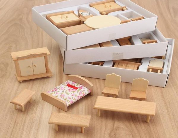 29 Unids / set Casa de Muñecas Miniatura Muebles de Madera Sin Pintar Suite 1/24 Escala Modelo Muñeca Juguetes Niños Juguetes Para Niños T2001169417550