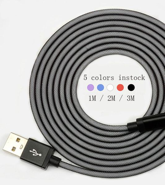 Cable de datos micro usb de cabeza de metal trenzado de red de pescado de tela micro de 5 pines de 3M/2M para teléfono inteligente samsung huawei