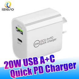 20W Snelle PD -opladeradapter AU US EU FAST USB A + Type C Wall Chargers 2in1 Smart Charging Adapter voor iPhone Samsung izeso