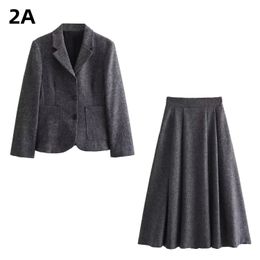 2ABA Otoño Invierno Traje de moda Mezcla de lana Ovrcoat Elegante solapa gris Blazer para mujer Falda plisada de cintura alta Conjunto de dos piezas 240202