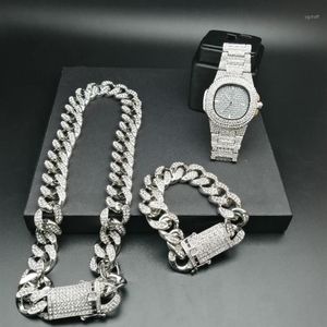 2 cm Hip Hop couleur or cristal glacé Miami chaîne cubaine or argent hommes montre collier Bracelet ensemble Hip Hop roi New1262n
