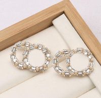 2Color 18K Gold plaqué designers marques Letters Stud 925 Silver Geometric Femmes Round Crystal Righestone Pearl Earge Mariage de mariage Bijoux