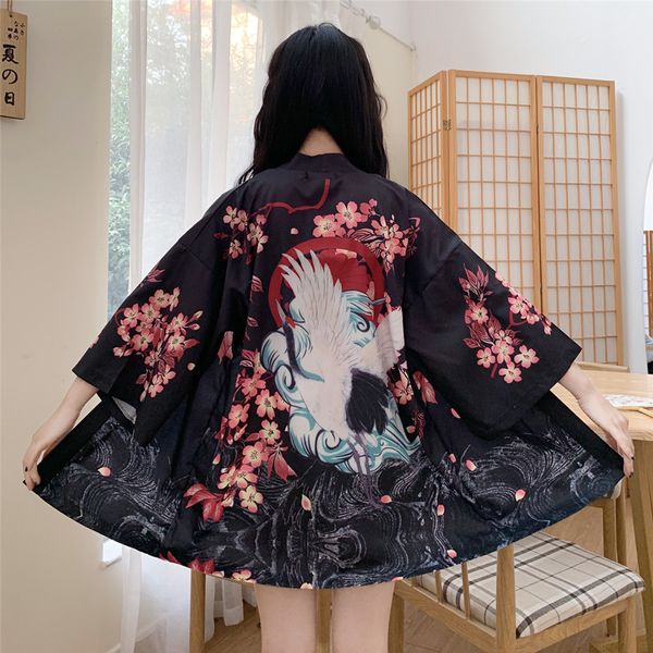 2Colors Summer Cartoon Print Loose Kimono Femmes Blouse Kimono Cardigans Style chinois Chemise de plage Tops (M0219) 210423