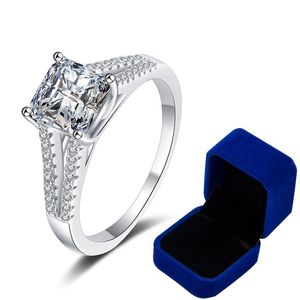 2ct gecertificeerde Asscher Cut Moissanite verlovingsringen Rhodium Plated 925 Silver Diamond Wedding Band Passage Test Ring Set Perfect276w