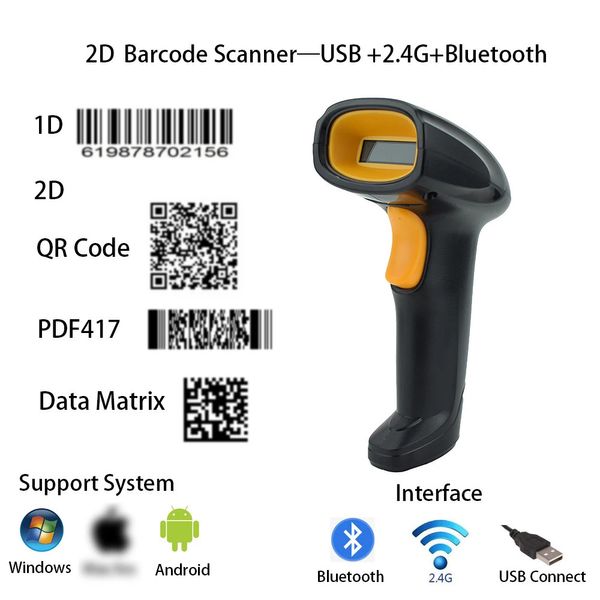 Scanner de codes-barres 2D sans fil, Bluetooth 24G, lecteur trois en un, code QR 240229