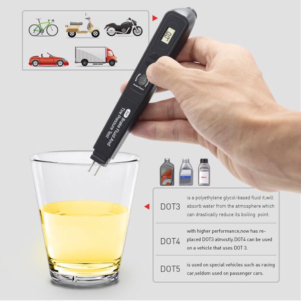 2IN1 liquide de frein pneu et testeur de pression stylo numérique moniteur de pression des pneus de voiture capteur jauge stylo Auto voiture camion moto TPMS outil