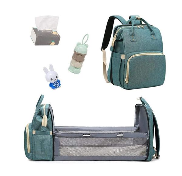 2in1 Bolsa de pañales de maternidad de momia grande con cama plegable Viajar mochila verde para mamá Impermeable para bebés Bolsa de cochecito de pañales L3106704