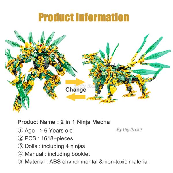 2in1 Ninja Golden Warrior Robot Mech Fighter 2 Heads Flying Dragons Set Figures Blocs Blocs Toy for Kids Boys Christmas Gift