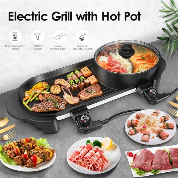 2 en 1 Parrilla eléctrica portátil Pan Hotpot Gran capacidad Hogar Antiadherente BBQ Pan Sin humo Placa de barbacoa Hornear Pan Pan Pot 201223