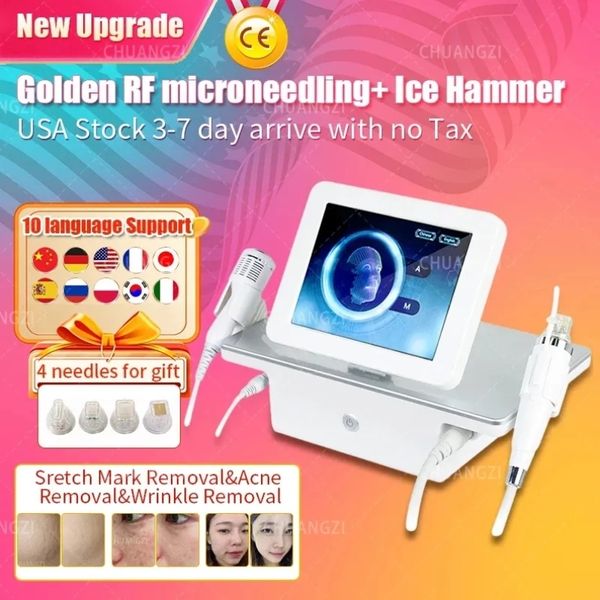 2 en 1 RF Gold MicroNeedle Beauty Machine Lifting facial Estrías Eliminación de arrugas y acné Martillo frío Estiramiento de la piel Belleza Certificación CE