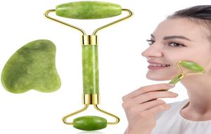 2in1 Set Groene Natuurlijke Jade Roller GuaSha gua sha Schraper Gereedschap Steen gezicht Massager voor Nek Rug Kaaklijn Huidverzorging Lifting met b1512953