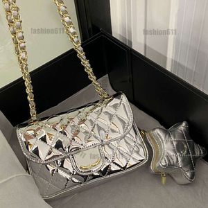 2in1 Mujeres brillantes Diseñador Bolso clásico con bolso de monedas de estrella Hardware de metal dorado de cuero de oro 19 cm Gold/plata