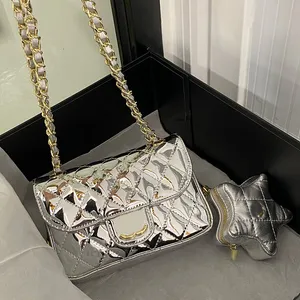 2in1 brillant femmes designer classique sac à rabat étoile porte-monnaie en cuir verni matériel en métal doré 19 cm or/argent sacs de soirée luxe bandoulière sac à main