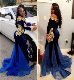 2K16 Robes de bal à manches longues Bleu Royal Sirène Velours avec Dentelle Dorée Applique Train 2017 Plus Taille Pageant Robes de Soirée pour Par7121227