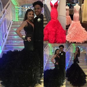 2k18 Dompelen Neckine Backless Prom Dresses Custom Made Tiered Mermaid Avondjurken Hot Sweep Train Organza Formele jurk