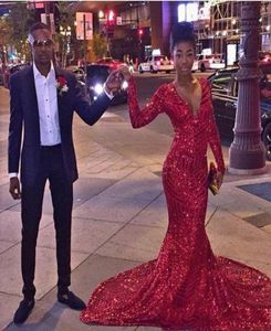 2K16 Red Sexy Bling Red Sequined Mermaid Dresses Prom Girl African Black mangas largas V Cuelas especiales Vestidos de fiesta V3976084