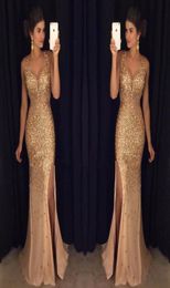 2K17 Sparkle Gold Crystal Prom Dresses Mermaid V Neck High Side Split Evening Jurk Lengte Lang formeel Custom Prom Dressess845377777