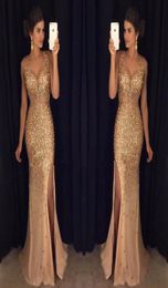 2K17 Sparkle Gold Crystal Prom Dresses Mermaid V Neck High Side Split Evening Jurk Lengte Lang formeel Custom Prom Dressess9436617