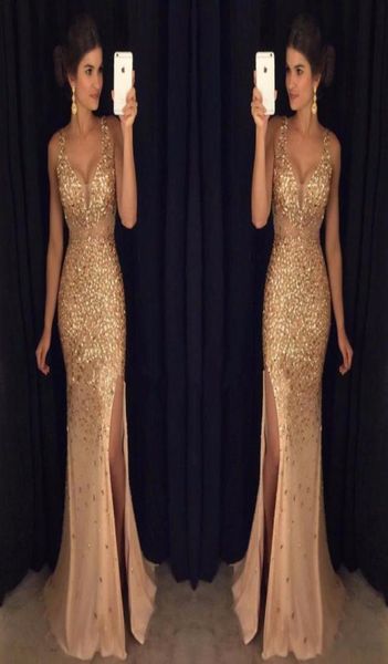 2K17 Sparkle Gold Crystal Prom Vestidos sirena V Cuello alto Distado de la noche Dirección Longitud del piso Long Formal Prom DRESSESS9436617