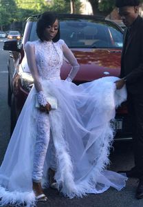 2K17 Sparkly Avondjurken Jumpsuit Prom Party-jurken met afneembare tinle trein Crystal Lace Top See door Pageant Towns
