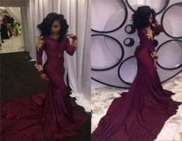 2K18 Vestidos de graduación de niña negra africana mangas largas Apliques de oro Borgoña Borgoña Vestido de noche Mermaid.