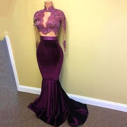 2K18 Vintage Velvet Mermaid Prom Dress Fashion Deep Grape High Neck Lace Appliques Long Sleeves Party Gowns Sexy Two Pieces Evening Dresses