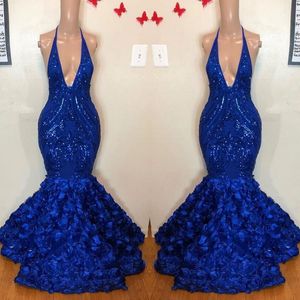 2k19 Royal Blue Robes De Bal Sexy Col En V Profond Paillettes Appliques Robes De Soirée 3D Rose Fleur Balayage Train Robe De Soirée Formelle Sur Mesure