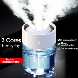 2L Humidificateur d'air pour la maison USB grande capacité 3 Buzzle épais brouillard purificateur d'air avec lampe à LED Ultrasonic Essenti Oil Diffus arôme