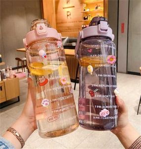 2L Sports Straw Water fles met stickers draagbare grote capaciteit fitness Bike Cup Summer Ice Cold Jug Time Marker 2201254130995