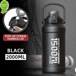 2L bouteille d'eau bouteille thermos avec paille amovible portable bouteille d'eau en acier inoxydable avec poignée de transport pour salle de sport