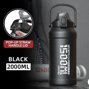 Bouteille d'eau Thermos 2L avec paille amovible, poignée de transport portable en acier inoxydable pour salle de sport 240314